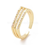 Clear Cubic Zirconia Triple Line Open Cuff Ring, Brass Jewelry for Women, Golden, Inner Diameter: 17mm(RJEW-E072-09G)