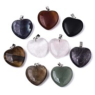 Natural Mixed Gemstone Pendants, with Stainless Steel Pinch Bails and Iron Loop, Heart, 27x25x9~10mm, Hole: 2x6mm(G-N0326-55)