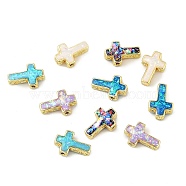 Rack Plating Brass Beads, with Synthetic Opal, Cross, Golden, Mixed Color, 12x8x4.5mm, Hole: 1mm(KK-Q020-04G)