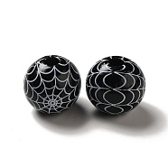 Halloween Printed Spider Webs Colored Wood European Beads, Large Hole Beads, Round, Black, 16mm, Hole: 4mm(WOOD-K007-04C)