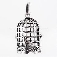 Rack Plating Brass Cage Pendants, For Chime Ball Pendant Necklaces Making, Birdcage, Antique Silver, 38x26x22mm, Hole: 4x8mm, inner measure: 18x23mm(KK-Q402-14AS)