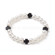 Natural Black Onyx Cross & ABS Plastic Imitation Pearl Beaded Stretch Bracelet for Women, White, Inner Diameter: 2-1/8 inch(5.3cm)(BJEW-JB09219)