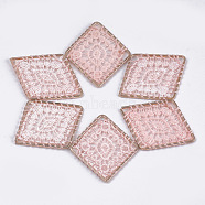 Polyester Woven Pendant Decorations, with Iron Findings, Rhombus with Flower, Light Gold, Pink, 45x37.5x2mm(WOVE-T008-05H)
