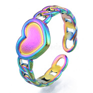 Ion Plating(IP) 304 Stainless Steel Heart with Chain Cuff Rings, Open Rings for Women Girls, Rainbow Color, US Size 6(16.9mm)(RJEW-N038-127M)
