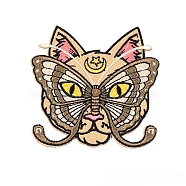 Cat's Head Appliques, Embroidery Iron on Cloth Patches, Sewing Craft Decoration, Olive, 76x72mm(PW-WG33527-01)