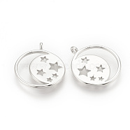 Brass Pendants, Moon with Star, Nickel Free, Real Platinum Plated, 18x15x1mm, Hole: 1mm(X-KK-Q735-382P)