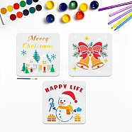 US 1 Set Floral PET Hollow Out Drawing Painting Stencils, with 1Pc Art Paint Brushes, for Acrylic Painting Watercolor Oil Gouache, Christmas Bell & Snowman & House, Painting Stencils: 300x300mm, 3 styles, 1pc/style(DIY-MA0001-43)