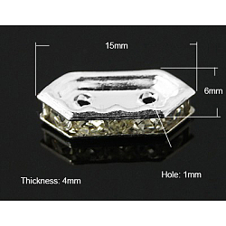 Brass Rhinestone Bridge Spacer, Grade A, Hexagon, Silver Color Plated, Crystal, 15x6x4mm, Hole: 1mm(X-RB-H247-15x6x4mm-01S)