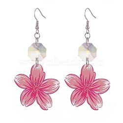 Acrylic Flower Dangle Earrings with Glass Beaded, 316 Surgical Stainless Steel Long Drop Earrings for Women, Indian Red, 76mm, Pin: 0.7mm(EJEW-JE05157)