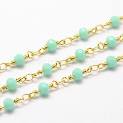 Handmade Glass Beaded Chains, with Spool, Unwelded, Faceted Rondelle, Imitation Jade, with Brass Findings, Golden, Turquoise, 4mm, about 32.8 Feet(10m)/roll(CHC-G311-B09)