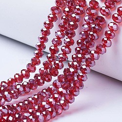 Electroplate Glass Beads Strands, Pearl Luster Plated, Faceted, Rondelle, FireBrick, 6x5mm, Hole: 1mm, about 85~88pcs/strand, 16.1~16.5 inch(41~42cm)(EGLA-A034-T6mm-A06)