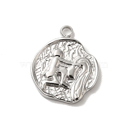 304 Stainless Steel Pendants, Textured Flat Round with Constellations Charm, Stainless Steel Color, Aquarius, 18x15x2mm, Hole: 1.8mm(STAS-B074-08P-01)