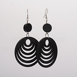 Trendy Wood Dangle Earrings, with Platinum Plated Iron Earring Hooks, Flat Round and Oval, Black, 94x49.5mm, Pin: 0.8mm(EJEW-F0090-02)
