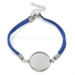 Faux Suede Double Cord Bracelet Making, with 304 Stainless Steel Round Tray, Stainless Steel Color, Blue, 7-1/4 inch(18.4cm), Tray: 20mm(STAS-M084-10P-03)