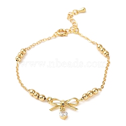 Brass Micro Pave Cubic Zirconia Charm Bracelets, Bowknot, Real 18K Gold Plated, 6-3/4 inch(17.3cm)(BJEW-P342-08G)