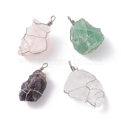 Rough Raw Natural Quartz Crystal & Rose Quartz & Fluorite & Amethyst Wire Warpped Pendants, Nuggets, Platinum, 32~48.5x16~31.5x12~21mm, Hole: 3.7~4.7mm, 4pcs/set(PALLOY-JF01165)