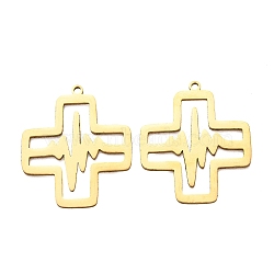 201 Stainless Steel Pendants, Cross with Heartbeat Pattern Charms, Laser Cut, Cut-Out, Golden, 28.5x24x1mm, Hole: 1.5mm(SA-CBA49C1-10G)