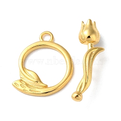 925 Sterling Silver Toggle Clasps, Long-Lasting Plated, Flower with 925 Stamp, Real 18K Gold Plated, Ring: 14x12x1mm, Hole: 1.5mm, Flower: 17.5x4.5x5.5mm, Hole: 1.4mm(STER-D005-08G)