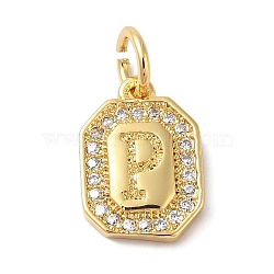 Real 18K Gold Plated Brass Micro Pave Clear Cubic Zirconia Pendants, with Jump Ring, Long-Lasting Plated, Lead Free & Cadmium Free, Letter Charms, Letter P, 12x8.5x2mm, Hole: 3mm(KK-L216-002G-P)