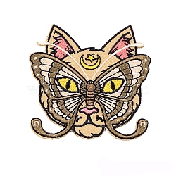 Cat's Head Appliques, Embroidery Iron on Cloth Patches, Sewing Craft Decoration, Olive, 76x72mm(PW-WG33527-01)