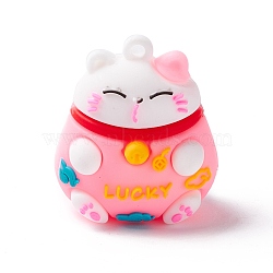 PVC Cartoon Lucky Cat Doll Pendants, for Keychains, Maneki Neko, Pink, 37x32x27mm, Hole: 3mm(KY-C008-12D)