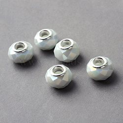 Electroplated Glass European Beads, Large Hole Beads, with Brass Cores, Silver Color Plated, Imitation Jade, Faceted Rondelle, Creamy White, 14x9.5mm, Hole: 5mm(GPDL-Q020-02)
