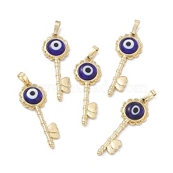 Handmade Evil Eye Lampwork Pendants, with Rack Plating Real 18K Gold Plated Brass Findings, Long-Lasting Plated, Flower Key with Heart, Medium Blue, 33x12x3.5mm, Hole: 4x7mm(LAMP-G157-03G-13)