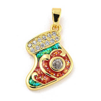 Christmas Brass Micro Pave Cubic Zirconia Pendant, with Synthetic Opal, Christmas Stocking, Dark Cyan, 17x18x3mm, Hole: 5x3mm