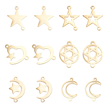Unicraftale 12Pcs 6 Style 304 Stainless Steel Links Connectors, Laser Cut, Moon & Star & Heart & Flat Round, Golden, 2pcs/style