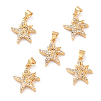 Brass Micro Pave Clear Cubic Zirconia Pendants, Long-Lasting Plated, Starfish, Real 18K Gold Plated, 19.5x16.5x3mm, Hole: 3x4mm