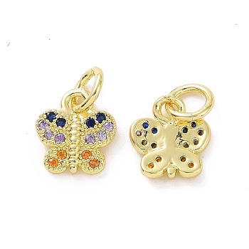 Brass Micro Pave Colorful Cubic Zirconia Charms, with Jump Ring, Butterfly Charm, Real 18K Gold Plated, 8x8.5x1.5mm, Hole: 3.2mm