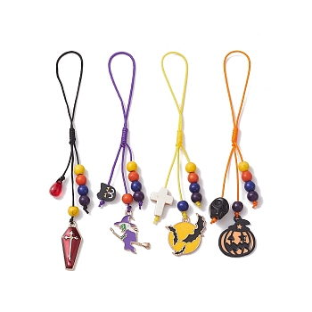 Halloween Synthetic Turquoise & Glass & Polymer Clay & Mobile Straps, with Alloy Enamel Pandants and Braided Nylon Thread, Mixed Shapes, 11.5~12.5cm, about 4pcs/set