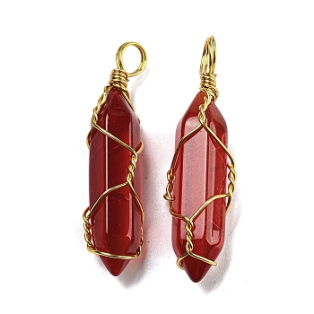 Glass Pendant, with Golden Brass Wire Findings, Bullet Charms, Dark Red, 41~43x8.5~10x10mm, Hole: 5mm