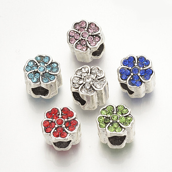Alloy Rhinestone European Beads, Large Hole Beads, Flower, Antique Silver, Mixed Color, 10.5x11x9.5mm, Hole: 5mm