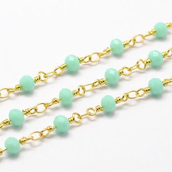 Handmade Glass Beaded Chains, with Spool, Unwelded, Faceted Rondelle, Imitation Jade, with Brass Findings, Golden, Turquoise, 4mm, about 32.8 Feet(10m)/roll