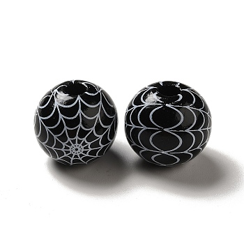Halloween Printed Spider Webs Colored Wood European Beads, Large Hole Beads, Round, Black, 16mm, Hole: 4mm