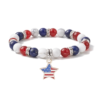 Independence Day Natural Mixed Gemstone Round Beaded Stretch Bracelet, with Star Alloy Enamel Charms, Inner Diameter: 2-3/8 inch(6cm)