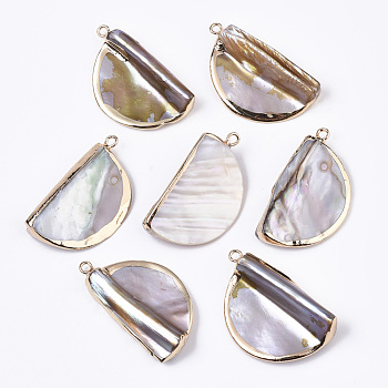 Natural Freshwater Shell Pendants, with Iron Loops, Edge Golden Plated, Half Round, 33~34x19x6.5~8mm, Hole: 1.8mm