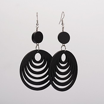 Trendy Wood Dangle Earrings, with Platinum Plated Iron Earring Hooks, Flat Round and Oval, Black, 94x49.5mm, Pin: 0.8mm