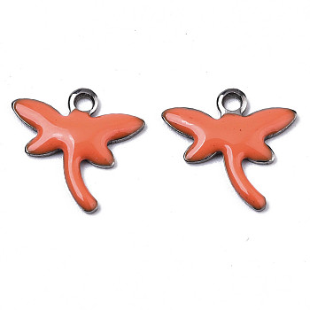 Autumn Theme 201 Stainless Steel Enamel Charms, Dragonfly, Stainless Steel Color, Coral, 11.5x12x1.5mm, Hole: 1.2mm