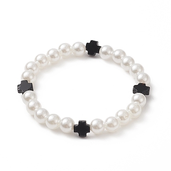 Natural Black Onyx Cross & ABS Plastic Imitation Pearl Beaded Stretch Bracelet for Women, White, Inner Diameter: 2-1/8 inch(5.3cm)