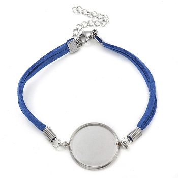 Faux Suede Double Cord Bracelet Making, with 304 Stainless Steel Round Tray, Stainless Steel Color, Blue, 7-1/4 inch(18.4cm), Tray: 20mm