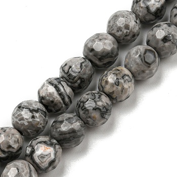 Natural Map Stone/Picasso Stone/Picasso Jasper Beads Strands, Faceted(128 Facets), Round, 6~6.5mm, Hole: 1mm, about 60pcs/strand, 14.88~14.96 inch(37.8~38cm)