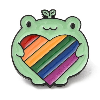 Alloy Enamel Pins, Rainbow Pride Flag Frog Brooches, Electrophoresis Black, Heart, 25x25x1.8mm