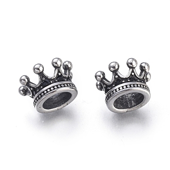 304 Stainless Steel European Beads, Large Hole Beads, with Cubic Zirconia Beads, Crown, Antique Silver, 11x7mm, Hole: 6mm