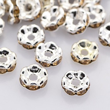 Brass Rhinestone Spacer Beads, Grade A, Wavy Edge, Silver Color Plated, Rondelle, Light Colorado Topaz, 6x3mm, Hole: 1mm