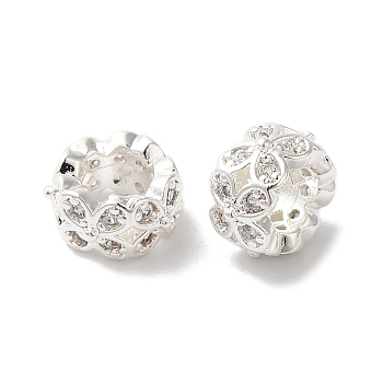 Long-Lasting Plated Brass Micro Pave Clear Cubic Zirconia Beads, Flower, Large Hole Bead, Silver, 7.9x4.3mm, Hole: 4.1mm