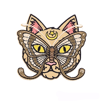 Cat's Head Appliques, Embroidery Iron on Cloth Patches, Sewing Craft Decoration, Olive, 76x72mm