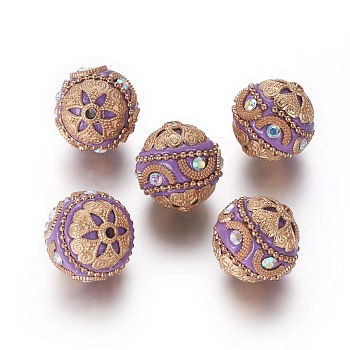 Handmade Indonesia Beads, with Alloy Findings and Iron Chain, Round, Light Gold, Medium Purple, 20x19.5mm, Hole: 2mm