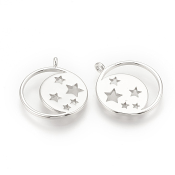 Brass Pendants, Moon with Star, Nickel Free, Real Platinum Plated, 18x15x1mm, Hole: 1mm